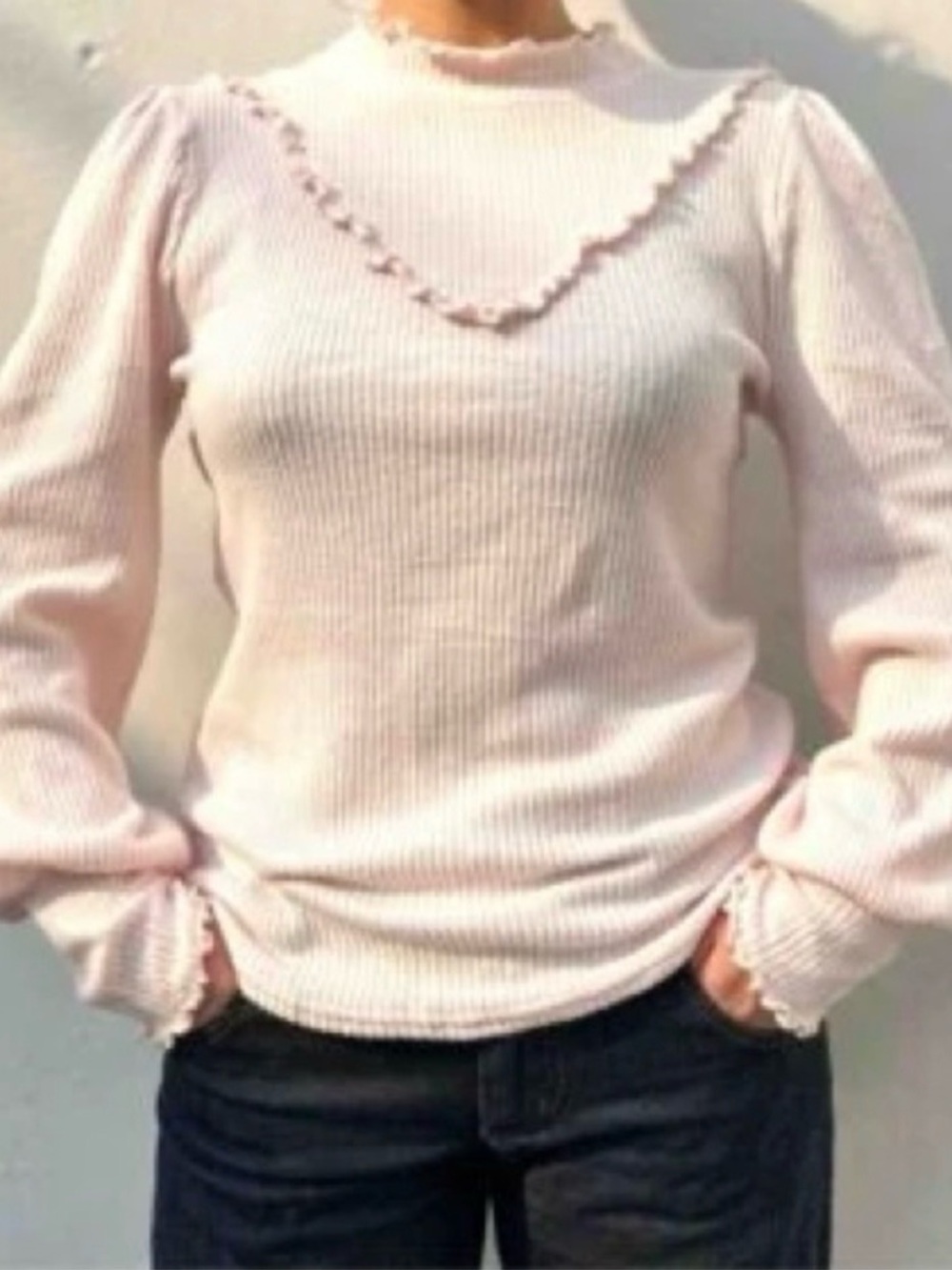 Free People Women's Pink Ruffled Trim Knit Sweater 0017